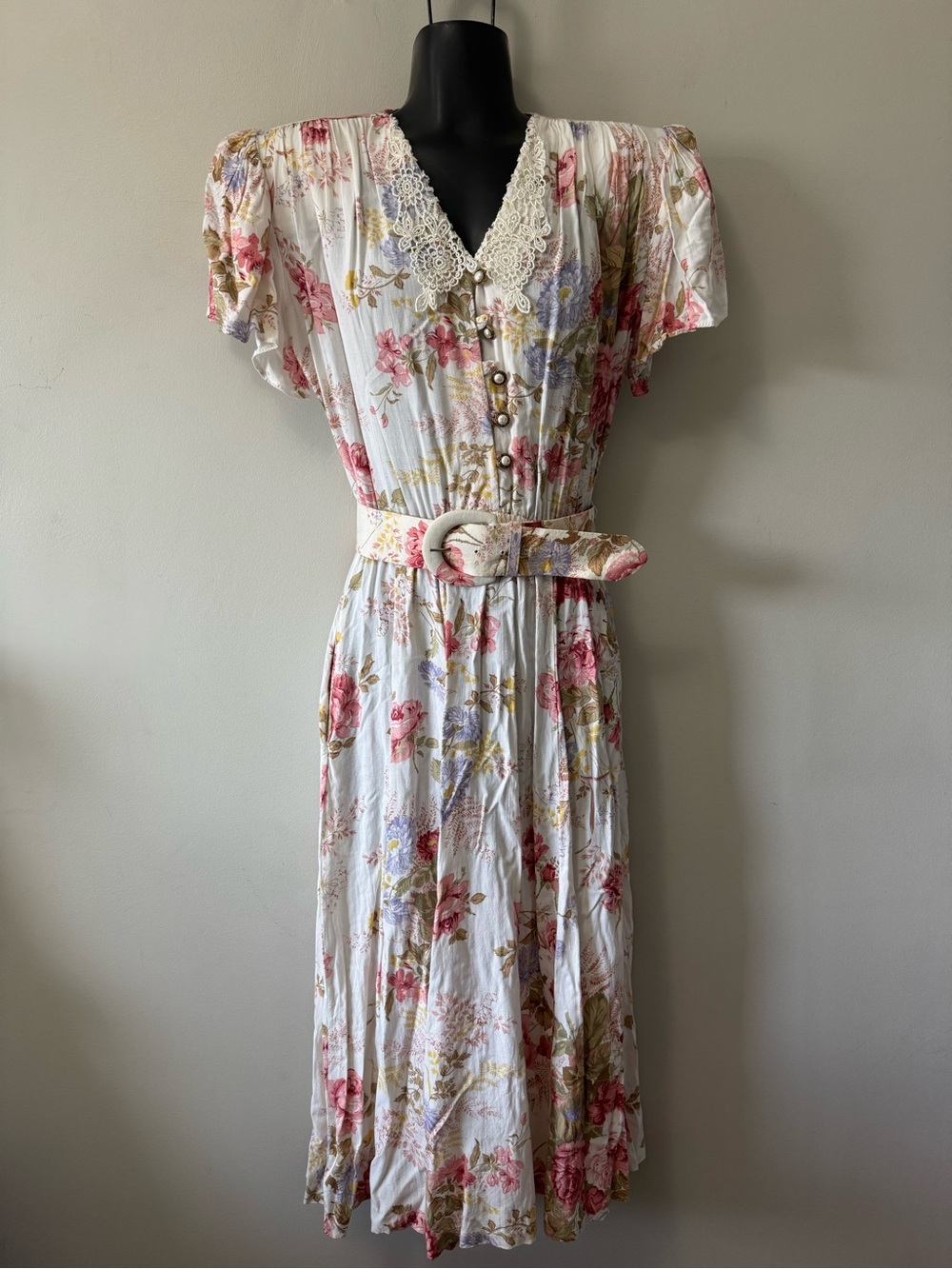 Vintage Pantel Canada Floral Lace-Trim Midi Dress with Belt in Cream and Pink M